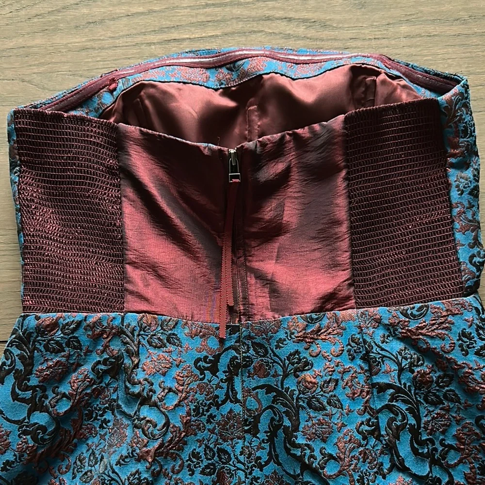 LEIFNOTES Anthropologie Paprika Brocade Blue Motif Strapless Dress Cruise Wear - Picture 6 of 8